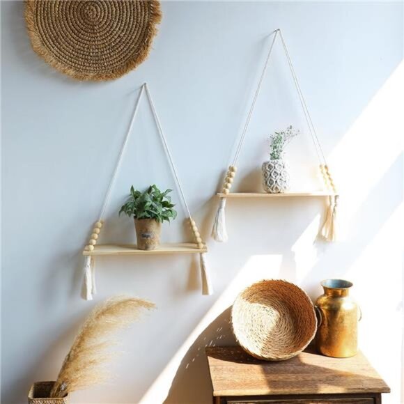2 Pack Wooden Wall Hanging Shelves - Macrame Hanging Plant Shelf with Tassel - Picture 5 of 7